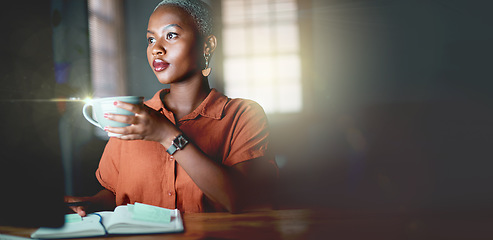 Image showing Black woman, coffee and night at office with computer, notebook and mockup space for planning, strategy or analysis. Executive, dark workplace or book for notes, schedule or agenda for small business