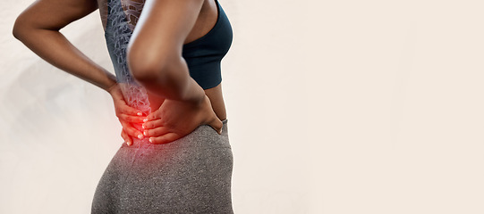 Image showing Back pain, red and woman isolated on wall background for fitness, exercise and sports injury, emergency and risk. Medical, spine and athlete with anatomy problem in workout with studio mockup space