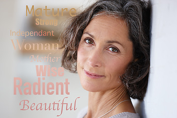 Image showing Words overlay, letter collage and portrait of a mature woman face in retirement against a wall. Positive word message, smile and isolated female with motivation text and beauty feeling empowerment