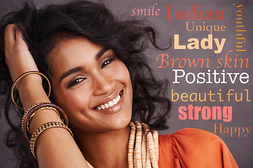 Image showing Beautiful, confident and portrait of a woman with words of affirmation isolated on a studio background. Happy, smile and face of an Indian model with an overlay message, empowerment and backdrop text