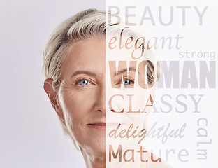 Image showing Beauty, skincare and senior woman in text overlay for makeup or cosmetics isolated on white background. Empowerment, portrait and face of elderly model or person in self love collage or mockup space