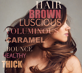 Image showing Hair words overlay, beauty and woman with hairstyle care and letter collage for hair salon. Motivation word, gray background and studio with a beautiful young model with text about dye treatment