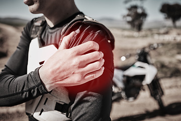 Image showing Closeup, biker outdoor and shoulder pain with muscle tension, strain and inflammation while competing. Male rider, man and male athlete with stiffness, torn and accident emergency with inflamed joint