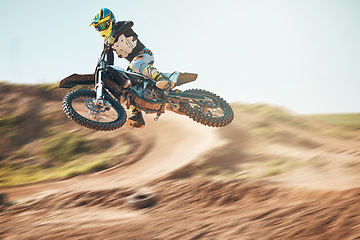 Image showing Bike, motorcycle and offroad sports with motion blur, speed challenge and desert. Driver, cycling and air jump on dirt track, competition and motorbike performance on adventure course for fast action