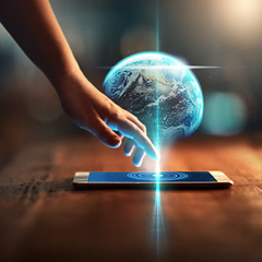 Image showing Hand, phone and earth hologram for global communication, information technology or internet networking. Future, ai or globe with a woman touching a mobile for futuristic cloud computing on a data app