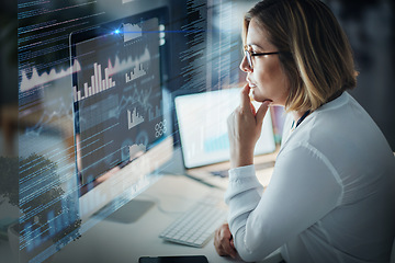 Image showing Data analytics, computer screen and woman in night for stock market research, graphs and chart analysis. Trading app, digital overlay and software information technology of business person thinking