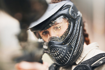 Image showing Paintball, gun focus and soldier in training on a mission ready for military shooting exercise. War competition game, military man and battlefield action fight outdoor with sniper vision and workout