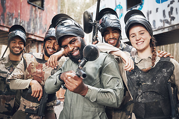 Image showing Portrait, diversity and military group with paintball gun for training, fun or extreme sports, happy and excited. Army, people and sport team smile, bond and ready for target practice, game or cardio