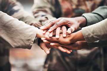 Image showing Hands, team and solidarity with people and collaboration, mission and paintball game strategy with support. Teamwork, motivation and community with trust, respect with goals and ready for battle