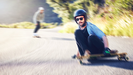 Image showing Sports road, skateboard and man skating for fitness, exercise and wellness. Training, sunglasses portrait and male skater sitting on board moving with fast speed, skateboarding and riding for action.