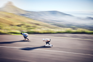 Image showing Skateboard, fast and road with people training, competition or danger, risk and adventure sports from above. Speed, motion and moving skater team on a street for youth energy, performance and action