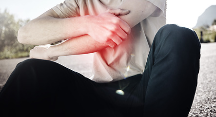 Image showing Hands, pain or man with arm injury on road after fall, accident or exercise workout outdoors. Sports, fitness or male with elbow fibromyalgia, arthritis or inflammation, broken bones or painful joint