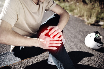 Image showing Hands of man, knee pain and skateboarder with injury after fall, accident or workout outdoors. Sports, fitness and male skater with fibromyalgia, arthritis or leg inflammation after skating exercise.