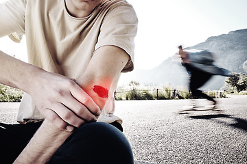 Image showing Pain, hands or man with arm injury on road after fall, accident or exercise workout outdoors. Sports, fitness or male with elbow fibromyalgia, arthritis or inflammation, broken bones or painful joint