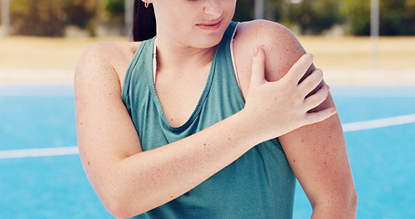 Image showing Fitness injury, shoulder and woman with pain while training, exercise burnout and medical accident. Strain, painful and uncomfortable athlete with an emergency after running, inflammation and hurt