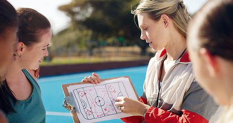 Image showing Planning, team and coach with a strategy for hockey, training plan and education on a game. Learning, coaching and woman teaching an idea for a sport competition on paper to girls on a court