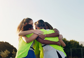 Image showing Support, hug and team huddling for hockey, game motivation and sports on a field in Australia. Team building, planning and athlete girls with a circle huddle for teamwork, training and sport