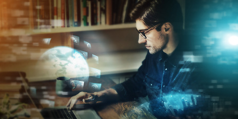 Image showing Futuristic, technology and world, business man with tech transformation overlay, hologram and laptop. Internet, digital future and metaverse, 3d cyber system and data analytics, connectivity and ai