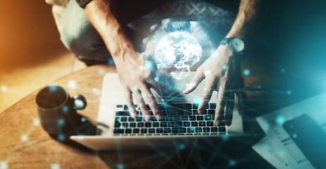 Image showing Hands, laptop and digital marketing, networking or global cybersecurity for trading, IoT or future technology at desk. Hand of person typing on computer above for online search, big data or fintech