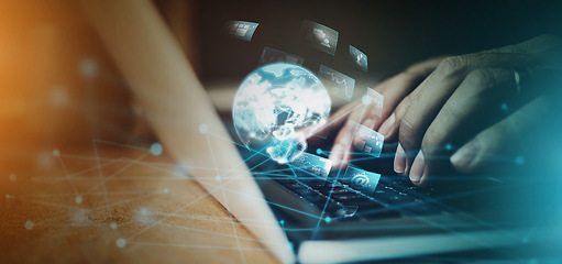 Image showing Closeup typing, overlay and computer in night for planning, big data and information technology in futuristic office. Tech woman hands, pc and 3d holographic ui for innovation, cybersecurity and goal