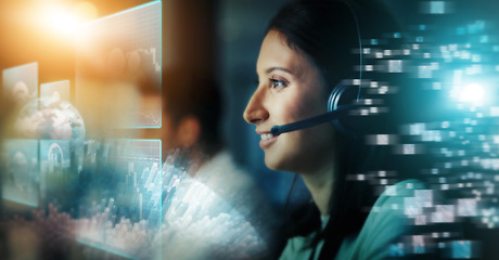 Image showing Call center, digital hologram and woman in night communication, telemarketing and global networking sales. Virtual consultant, agent or telecom person with futuristic overlay and business consulting