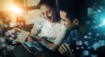 Image showing Creative business people, tablet and future networking in planning or collaboration at night in double exposure. Developing team in startup strategy for digital marketing or big data on overlay