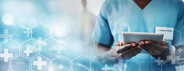 Image showing Tablet, medicine and doctor with technology transformation overlay, digital healthcare system and online medical info. Hospital data, health mockup with black man hands, tech innovation and research