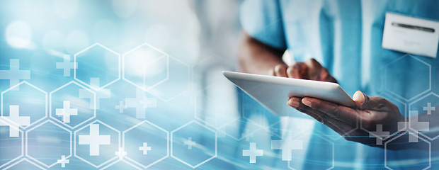 Image showing Doctor with tablet, medical and technology transformation overlay, digital healthcare system with online health info. Hospital data, black man hands in medicine mockup, tech innovation and research