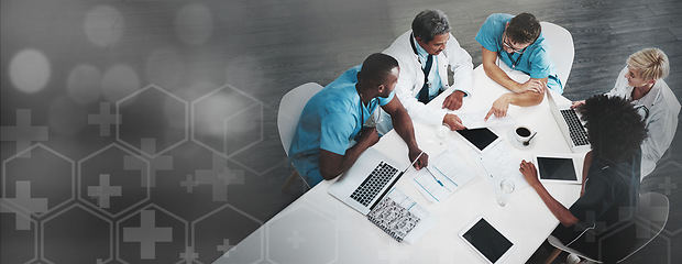 Image showing Above, discussion and doctors in a meeting about healthcare, medical agenda and schedule at clinic. Banner, graphic and team of medical employees planning, talking and working on nursing strategy