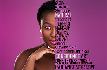 Image showing Beauty, skincare and black woman with text overlay for makeup and cosmetics isolated on purple background. Color, portrait and face of african model or person for self love collage or mockup space