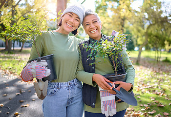 Image showing Plants, trees and garden people in portrait for community service, earth day collaboration and eco friendly project. Gardening, growth and happy women in teamwork, spring environment and nature park