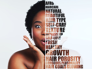 Image showing Motivation, quotes and portrait of black woman shocked or excited isolated against a studio white background. Self care, skincare and surprised female with makeup, skin and healthy hair or afro