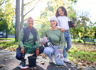 Image showing Plants, gardening and portrait of people and child trees growth, eco friendly project and volunteer support or help. Sustainability, learning and women and girl teamwork, community service and park