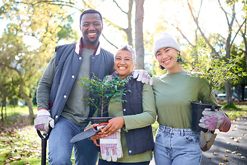 Image showing Trees, garden and plants people in portrait community service, sustainability collaboration and eco friendly project. Gardening, sustainable growth and happy worker in teamwork, forest or nature park