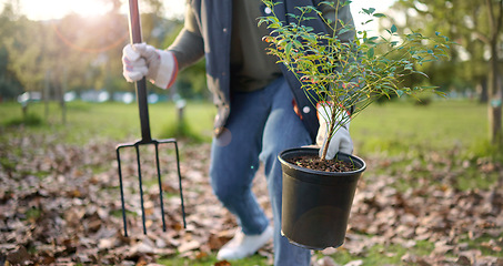 Image showing Nature, plant and eco friendly person gardening in a park with a pitchfork and equipment. Agro, environmental and ecology gardener planting organic greenery in a sustainable garden in the countryside