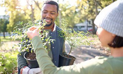 Image showing Plant, sustainability and people in a garden happy for agriculture and growth in the environment. Volunteer, black man and farmer excited for planting as in a park or nature for charity