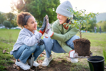 Image showing Child, woman and high five for plant gardening at park with trees in nature environment, agriculture or garden. Happy volunteer family celebrate planting for ecology and sustainability on Earth day