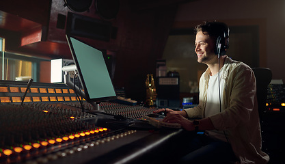 Image showing Musician, smile or computer headphones in music recording, sound mixing or song composition in studio. Producer, DJ or happy man on technology and ideas for live streaming radio, audio or media album