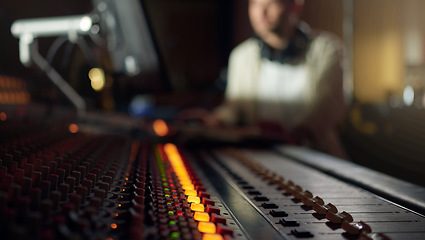 Image showing Music mixer, sound board and producer in radio industry, broadcast and scales in studio. DJ equipment, electronic media and audio engineering machine for recording, song production and control room