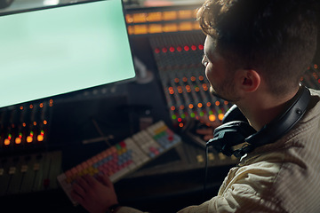 Image showing Man, musician or technology mockup screen for music recording, sound mixing or studio song composition. Producer, happy or DJ on digital computer for mock up ideas of radio, audio logo or media album