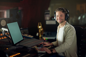 Image showing Portrait, smile or music recording headphones in sound engineering, edm or song composition in production studio. Musician, DJ or happy man on technology in live streaming radio, audio or media album