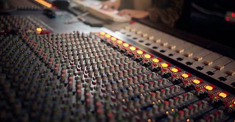 Image showing Background of sound mixer, control room and board in production studio of radio, broadcast or scales. Panel equipment, electronic music or audio engineering machine of recording, volume and equalizer