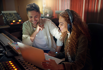 Image showing Collaboration, teamwork or music recording with sound engineering headphones, laptop or computer in edm studio. Musician, friends or happy people on technology in radio, audio or dj media production