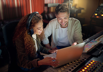 Image showing Collaboration, teamwork or music recording with sound headphones, laptop or composition app in edm studio. Musician, friends or happy people on technology in night radio, audio or dj media production