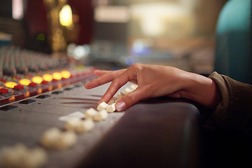 Image showing Hands, music mixer and sound board of radio producer, broadcast and scales in studio. DJ equipment, electronic media and switch of audio engineering machine for recording, production and control room