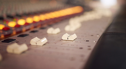 Image showing Electronic mixer, sound board and deck for radio production, broadcast or scales in studio. Entertainment equipment, music media and switch of audio engineering for recording, machine or control room