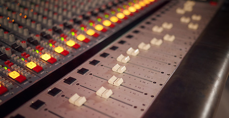 Image showing Electronic board, mixer and audio deck for radio production, broadcast or scales in studio. Background of equipment, sound media and switch of music engineering for recording, machine or control room