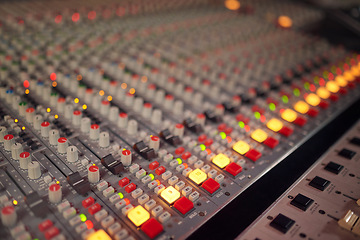 Image showing Background lights on radio mixer, sound board and production in music industry, broadcast or scales in studio. Electric equipment, electronic media and audio engineering for recording, deck or switch