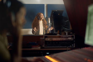 Image showing Musician, singing or studio recording microphone in album, audio or radio music cover in night production. Singer, artist or woman in evening song, media or sound performance practice for pop track