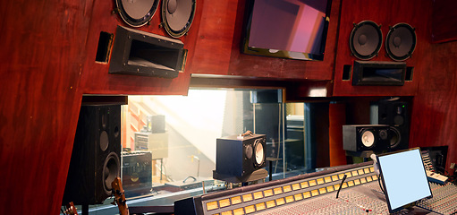 Image showing Music, studio and production with recording equipment in an empty room for the entertainment industry. Interior, creative and audio with musical electronics to produce, record or control sound